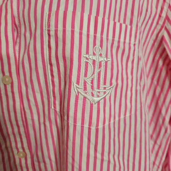 Ralph Lauren Green Label XL Pink White Pinstripe Anchor Monogram Shirt Preppy - Picture 3 of 7